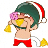 a cartoon character is wearing a santa hat and holding a bell .