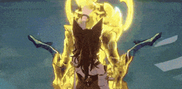 a cartoon character is surrounded by a glowing yellow flame and holding a sword .