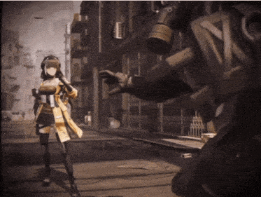 a girl in a yellow coat is standing in front of a robot