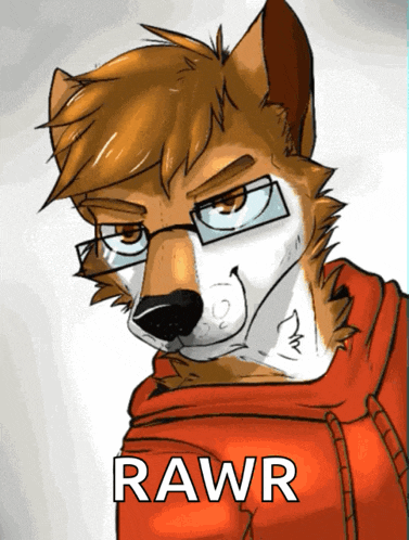 a furry character wearing glasses and a red hoodie with rawr written on it