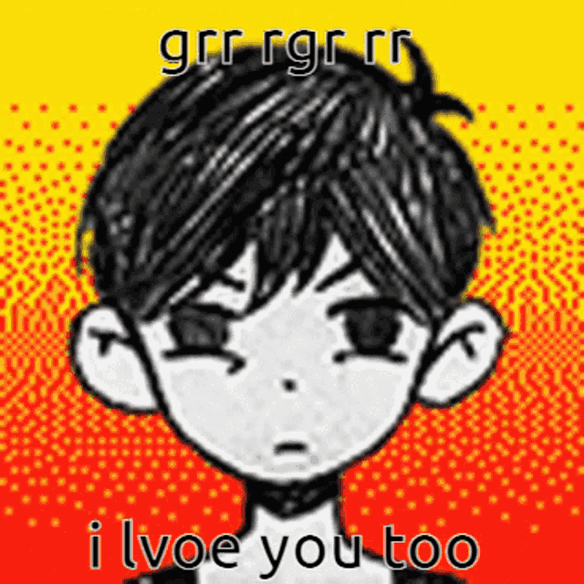a black and white drawing of a boy with the words " i love you too " on the bottom