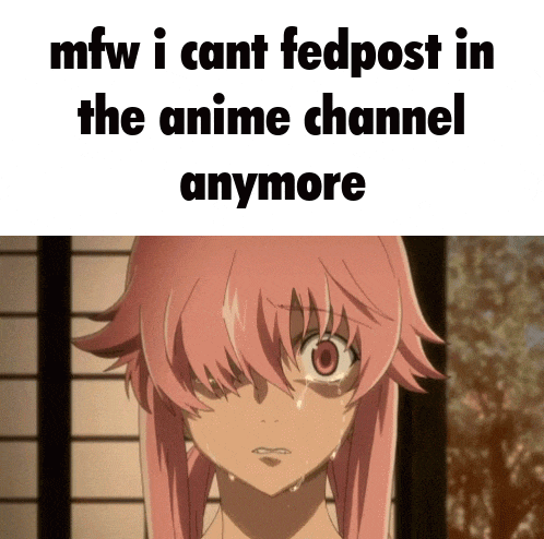 a picture of a girl with pink hair and the words " mfw i cant fedpost in the anime channel anymore " below it