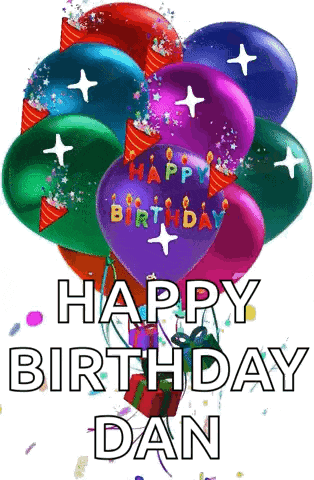 a bunch of balloons with the words `` happy birthday dan '' written on them