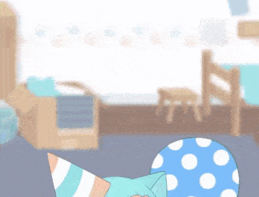a cartoon girl wearing a party hat is holding a blue polka dot balloon .
