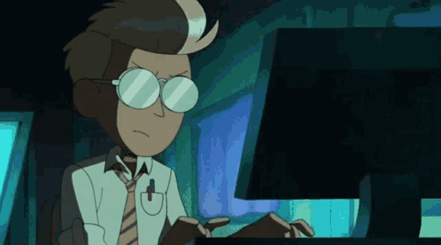 a cartoon character is typing on a computer