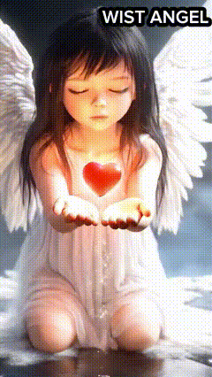 a girl with angel wings is holding a red heart in her hands
