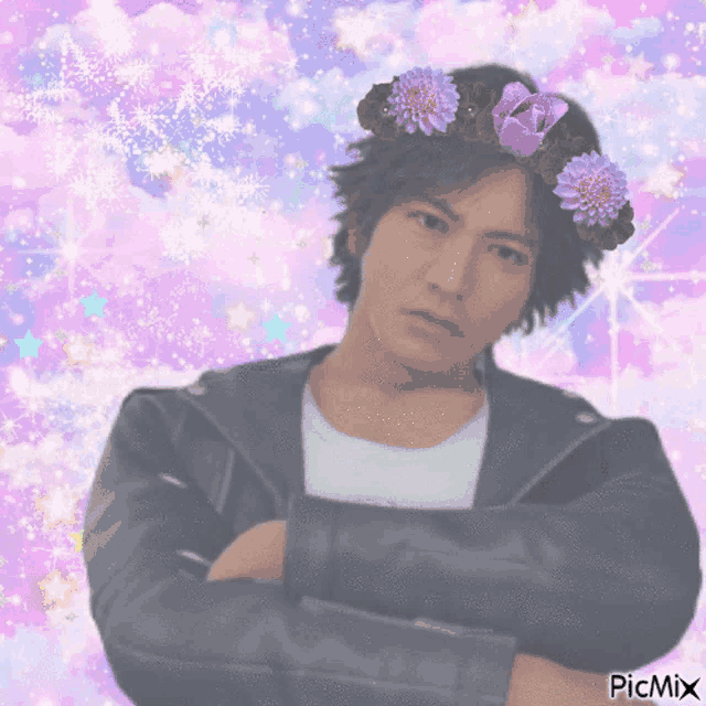 a man with a flower crown on his head is standing with his arms crossed in front of a pink background