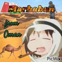a picture of a girl with a camel and the words marhab from oman