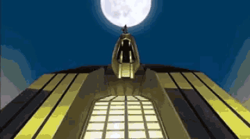 a cartoon of a man standing on top of a building with a full moon in the background