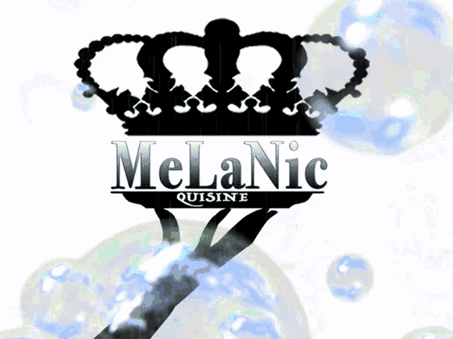 a black and white logo for melanic quisine with bubbles in the background