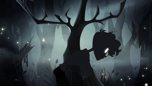 a silhouette of a person with antlers standing in the dark