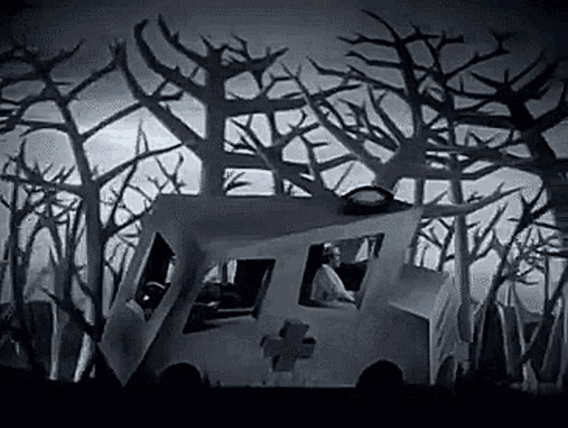 a black and white ambulance is driving through a forest .