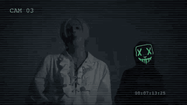 a person wearing a mask that says ' x x ' on it is standing next to another person