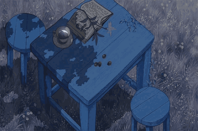 a blue table with a book on it and a cup of coffee