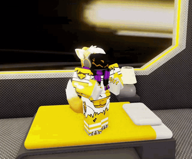 a cartoon character is standing on a bed with a purple scarf around his neck