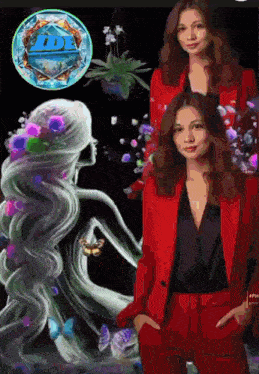 a woman in a red suit is standing in front of a painting of a woman with flowers in her hair