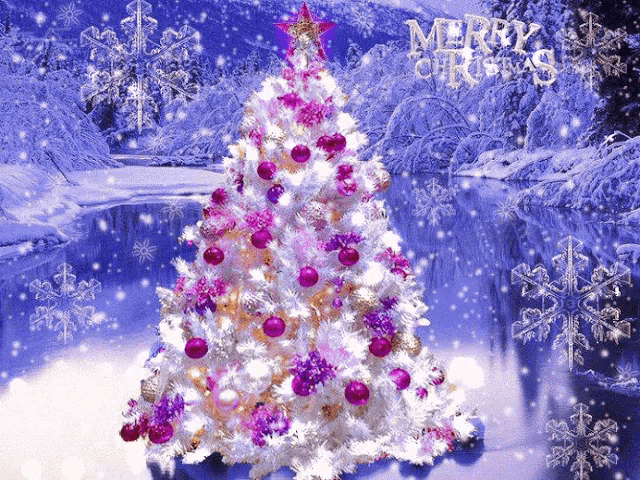 a white christmas tree with pink decorations and the words merry christmas written on it