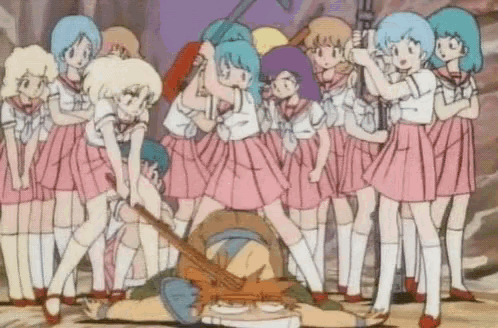 a group of cartoon characters are standing around a man with a sword