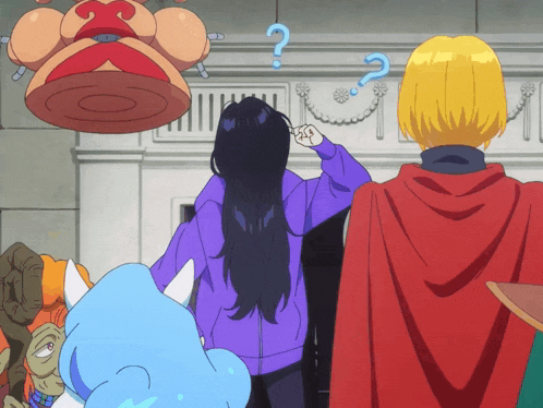 a woman in a purple sweatshirt stands in front of a man in a red cape