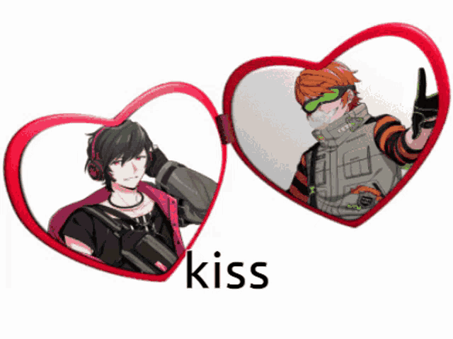 two anime characters are in a heart shaped frame with the word kiss below them