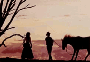 a man and a woman are standing next to a horse at sunset