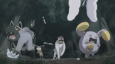 a group of cartoon animals are running in a dark forest .