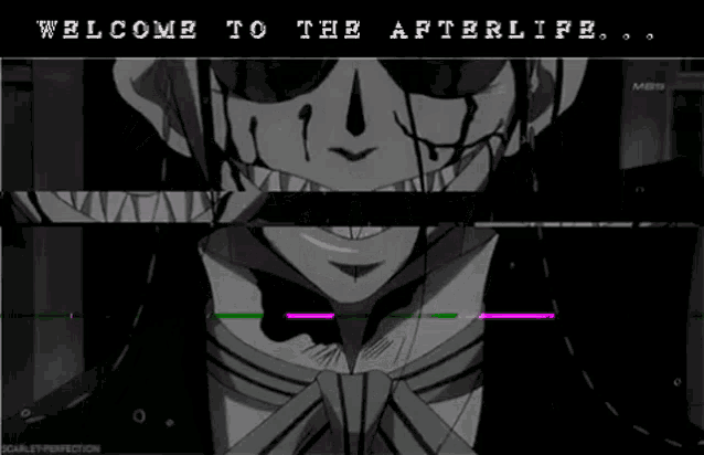 a black and white image of a skeleton with the words welcome to the afterlife on the bottom