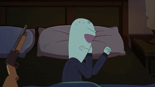a cartoon character laying on a bed with a shotgun