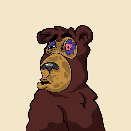 a cartoon drawing of a bear with a purple flower on its face