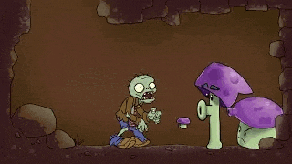a cartoon of a zombie standing next to a bucket and a mushroom .