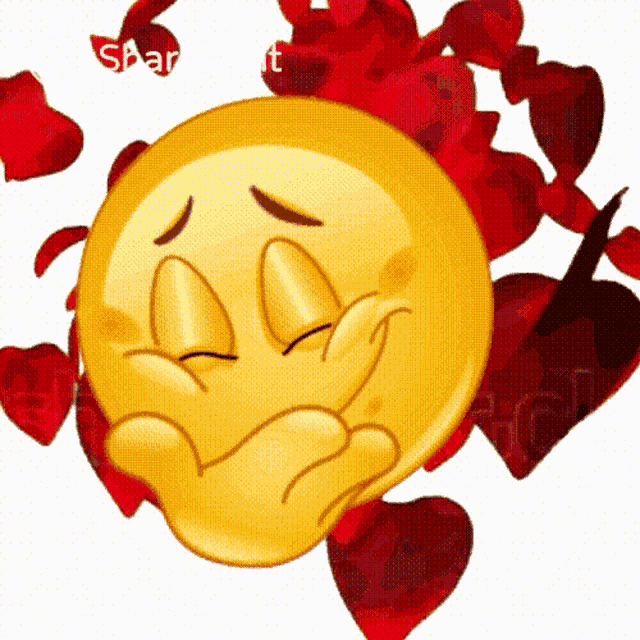 a smiley face is surrounded by red hearts and petals and says share it