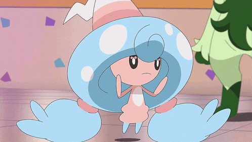 a cartoon character with a blue hat and pink arms
