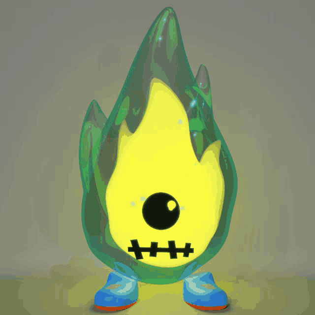 a cartoon character with a yellow eye and a stitched face