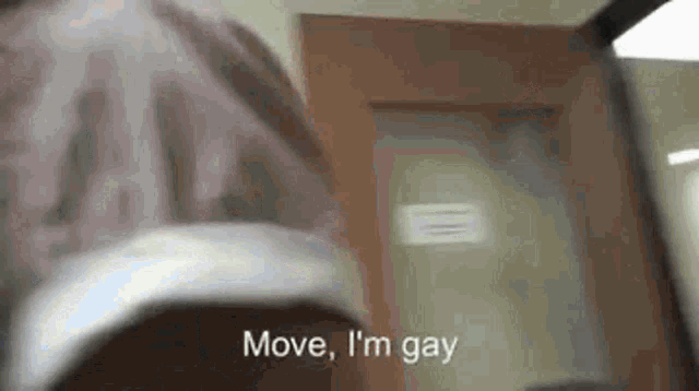 a person is standing in front of a door with the words `` move , i 'm gay '' .