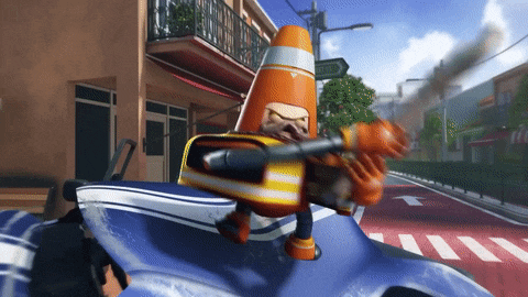 a cartoon character with an orange cone on his head