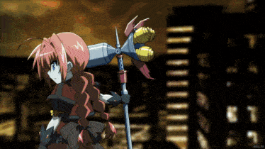 a girl with red hair is holding a rocket in front of a city skyline