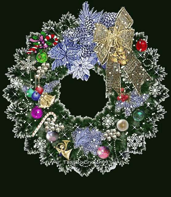 a christmas wreath with a gold bow and candy cane