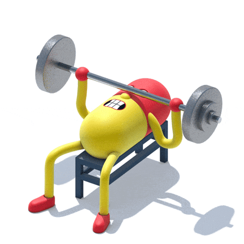 a yellow and red pill is lifting a barbell on a bench