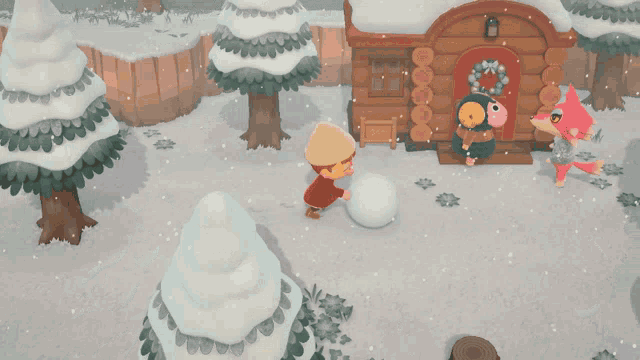 a cartoon character is making a snowball in front of a wooden house