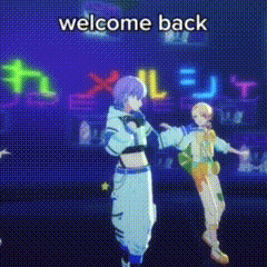 a couple of anime characters standing next to each other with the words welcome back written on the bottom .