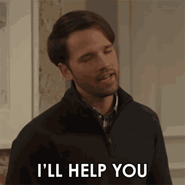 a man in a black jacket says i 'll help you with his eyes closed