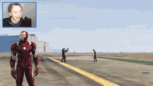 a man in an iron man suit stands in front of a building that says weston on it