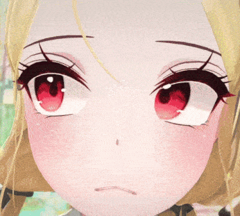a close up of a girl with red eyes