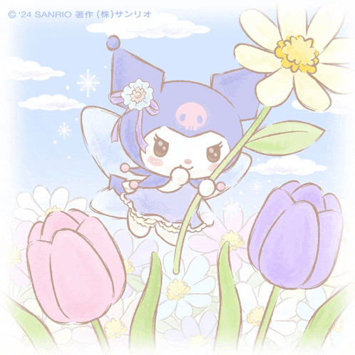 a drawing of a fairy with a skull on her head holding a flower