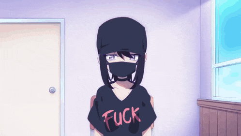 a girl wearing a mask and a shirt that says " fuck "