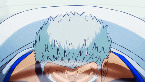 a drawing of a man 's head with a blue shirt and white hair