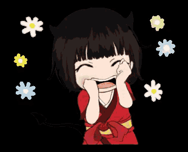 a cartoon of a girl laughing with flowers surrounding her