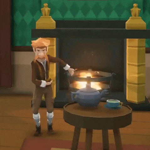 a man is standing in front of a fireplace with a teapot on a table