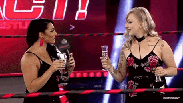 two women are standing in a wrestling ring drinking champagne and talking to each other .