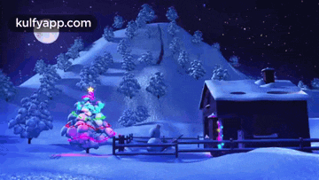 a christmas scene with a house and a christmas tree in the foreground